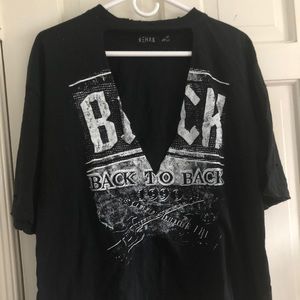 Black Graphic Tee with Plunging Neckline